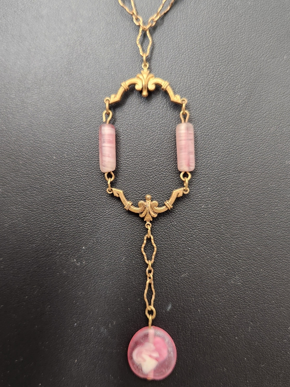 Antique,  Art Deco Victorian Pink Glass And Ornate Brass Pendant Necklace